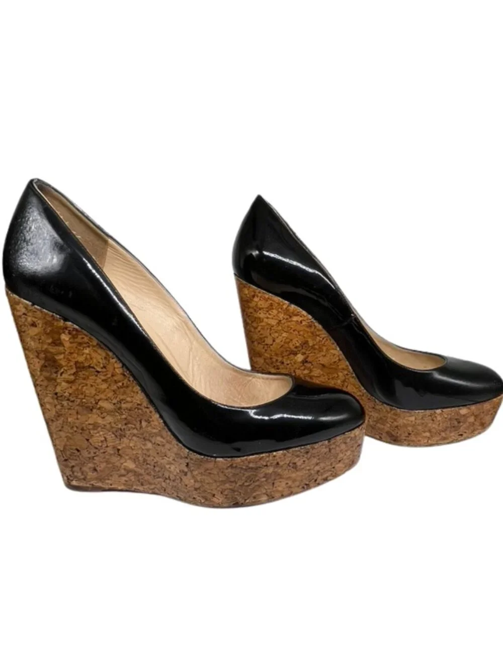 Christian Louboutin Black Patent Cork Wedge Pumps 40